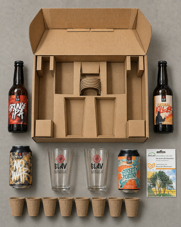 Contenuto della Ravenala Box: bottiglie, lattine, bicchieri, semi e vasetti