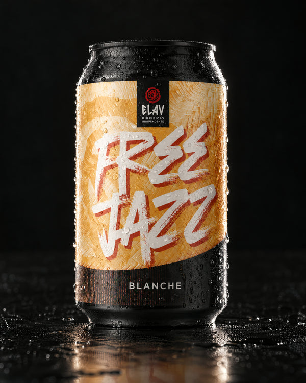 Free Jazz di ELAV, lattina 33 cl su fondo nero