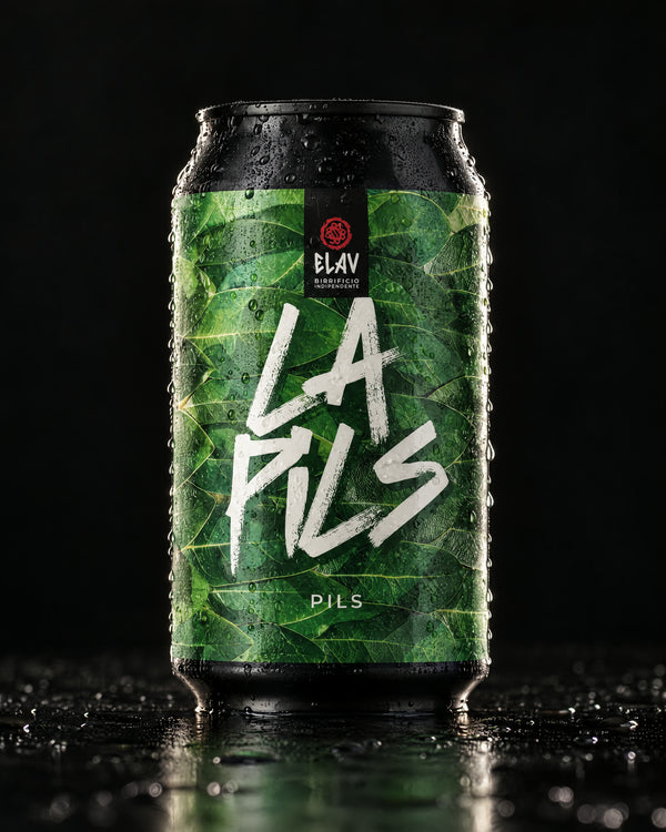 La Pils di ELAV, lattina 33 cl su fondo nero