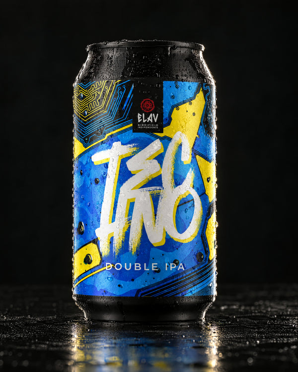 Techno di ELAV, lattina 33 cl su fondo nero