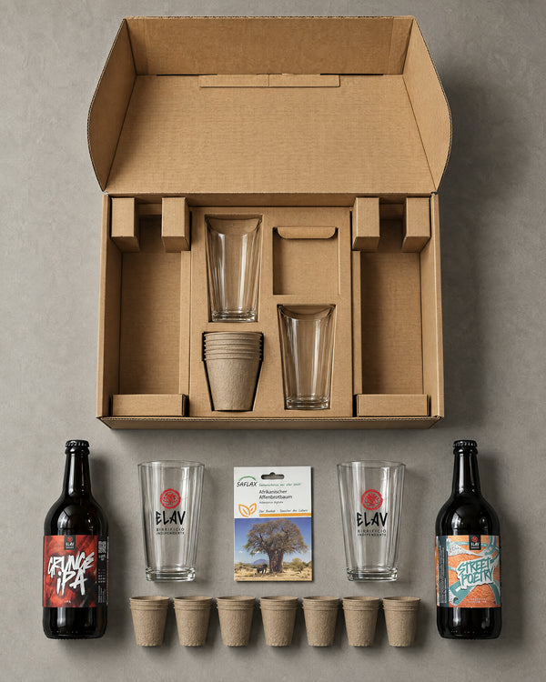 Contenuto della Baobab Box: due bottiglie, due bicchieri, semi e vasetti