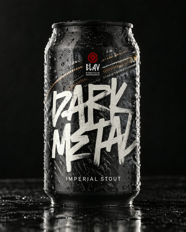 Dark Metal di ELAV, lattina 33 cl su fondo nero