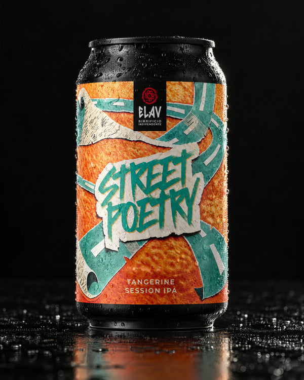 Street Poetry di ELAV, lattina 33 cl su fondo nero