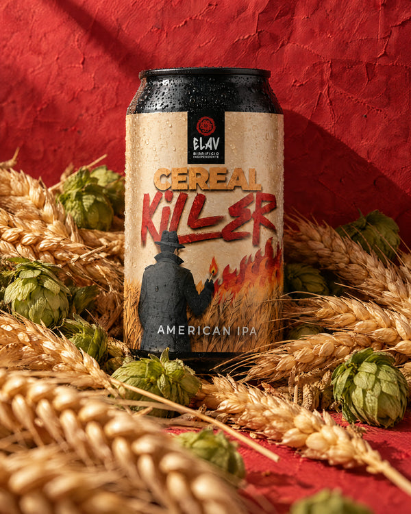 Cereal Killer con luppolo e cereali su fondo rosso